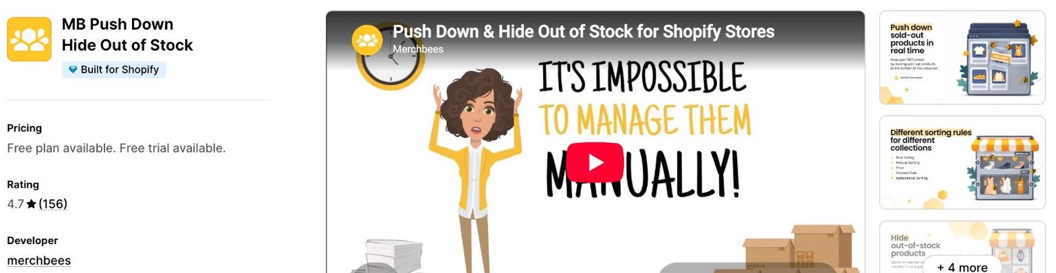 MB Push Down Hide Out of Stock listing on the Shopify App Store, showing the Built for Shopify badge, a free plan and free trial, a 4.7 rating from 156 reviews and developer merchbees