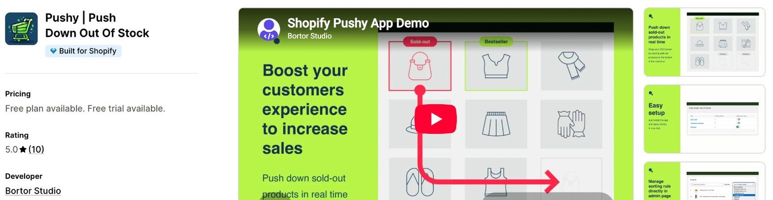 Pushy Push Down Out Of Stock listing on the Shopify App Store, showing the Built for Shopify badge, a free plan and free trial, a 5.0 rating from 10 reviews and developer Bortor Studio