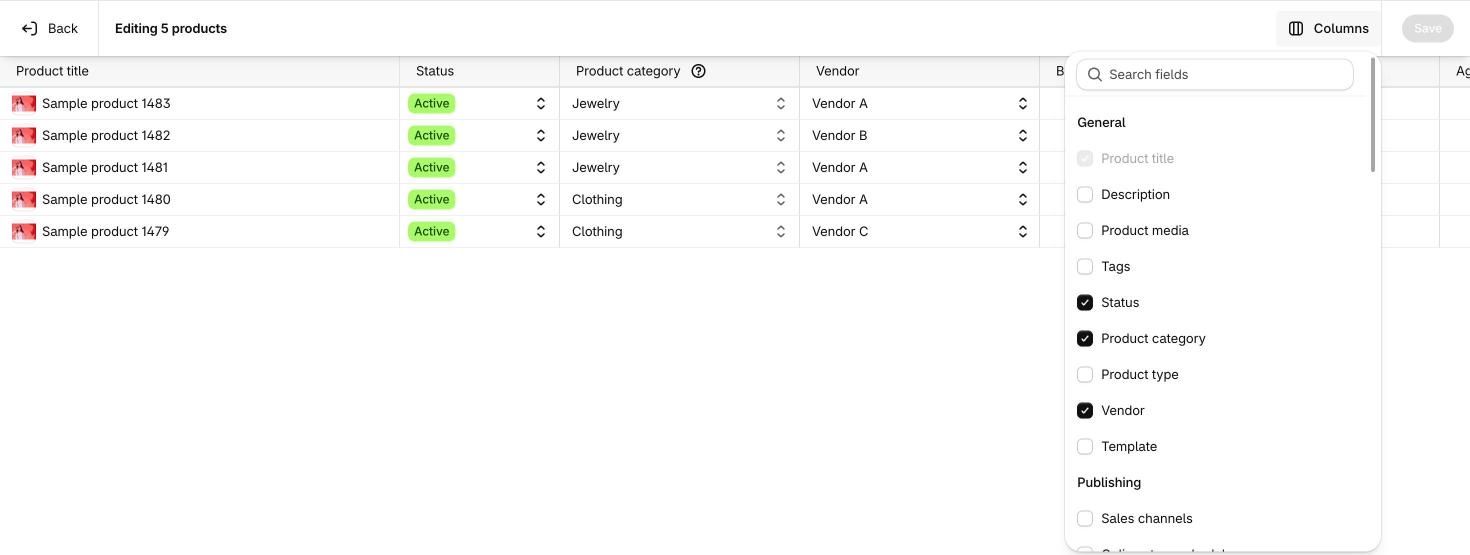 Shopify bulk editor editing 5 products with the Columns menu open, showing a Search fields box and General fields including Product title, Description, Product media, Tags, Status, Product category, Product type, Vendor and Template, then Publishing fields such as Sales channels