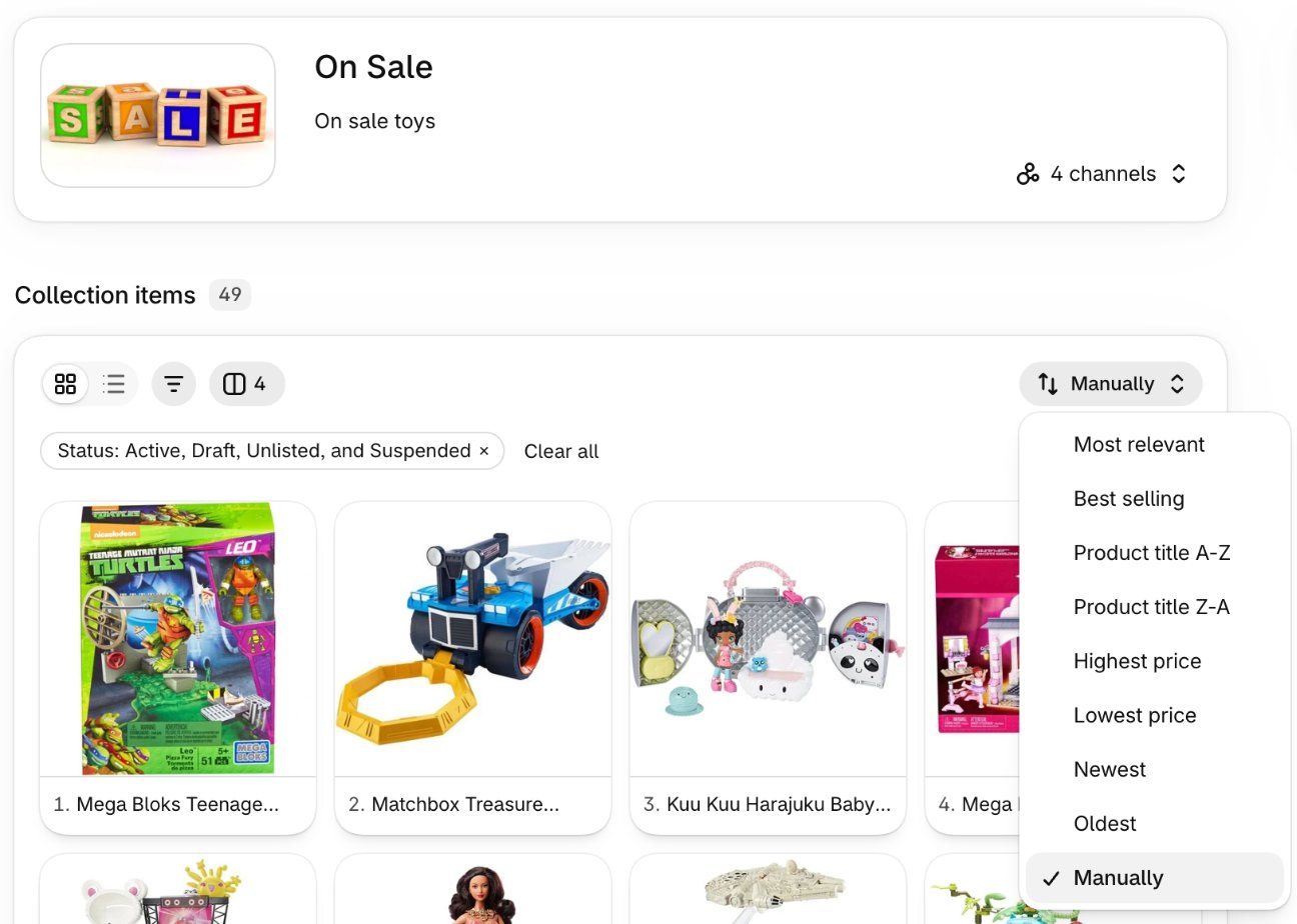 Shopify admin collection page for an On Sale collection with the Collection items sort menu open, listing Most relevant, Best selling, Product title A-Z, Product title Z-A, Highest price, Lowest price, Newest, Oldest and Manually, with Manually selected
