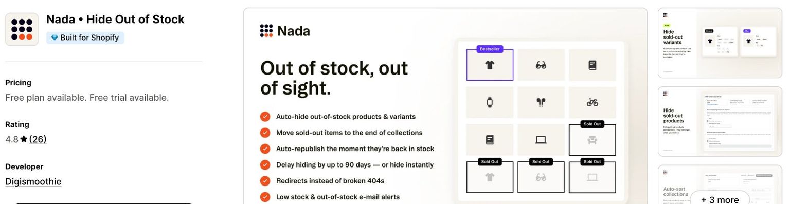 Nada Hide Out of Stock listing on the Shopify App Store, showing the Built for Shopify badge, a free plan and free trial, a 4.8 rating from 26 reviews and developer Digismoothie