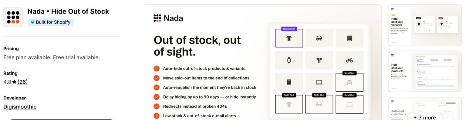 Nada Hide Out of Stock listing on the Shopify App Store, showing the Built for Shopify badge, a free plan and free trial, a 4.8 rating from 26 reviews and developer Digismoothie