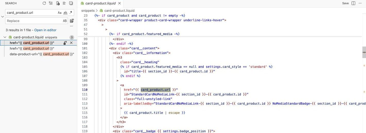 Shopify theme code editor search for card_product.url showing three results in card-product.liquid, with line 110 linking the product card to card_product.url without a collection filter
