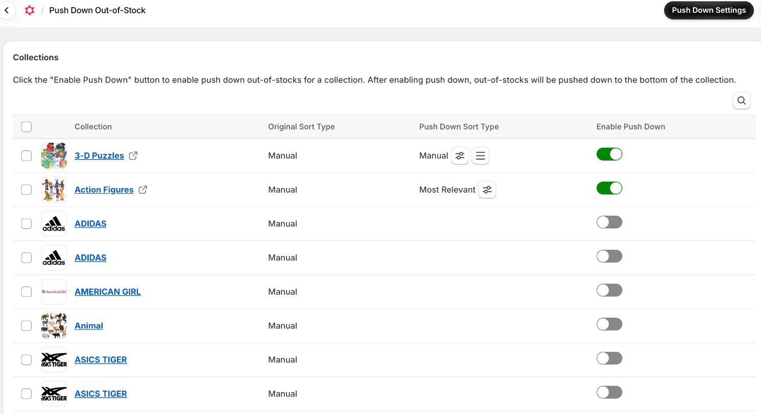 Redsun: Out of Stock Manager Push Down screen in the Shopify admin, listing collections with their original sort type, the push down sort type (Manual for 3-D Puzzles, Most Relevant for Action Figures) and an Enable Push Down toggle for each