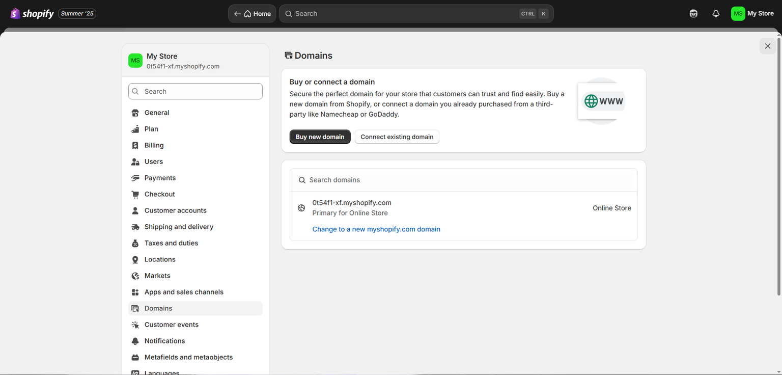 Shopify Domain Settings