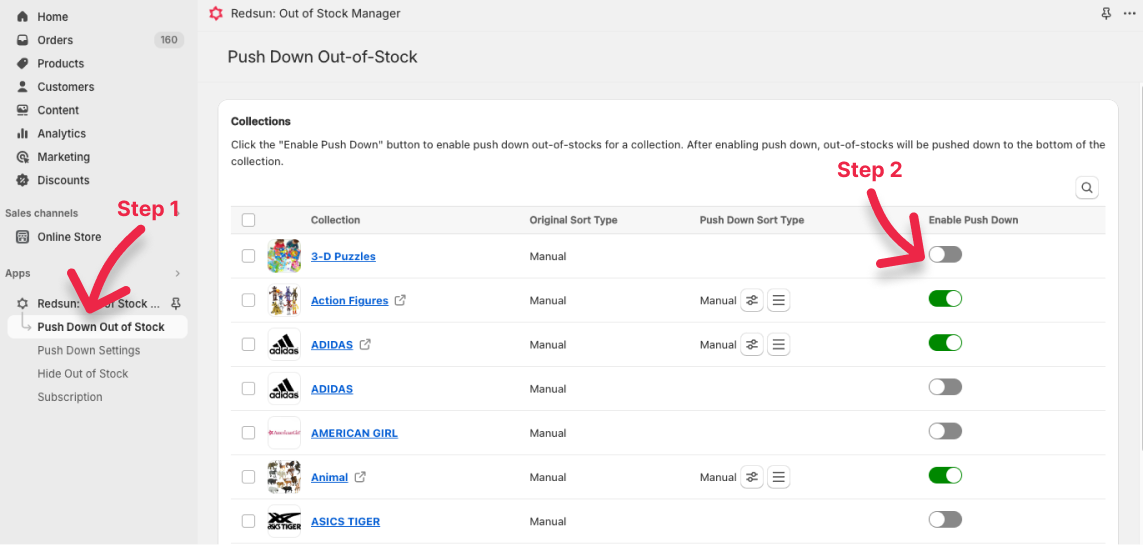 Push Down Out-of-Stock screen in the Shopify admin listing collections with their sort type and an Enable Push Down toggle for each