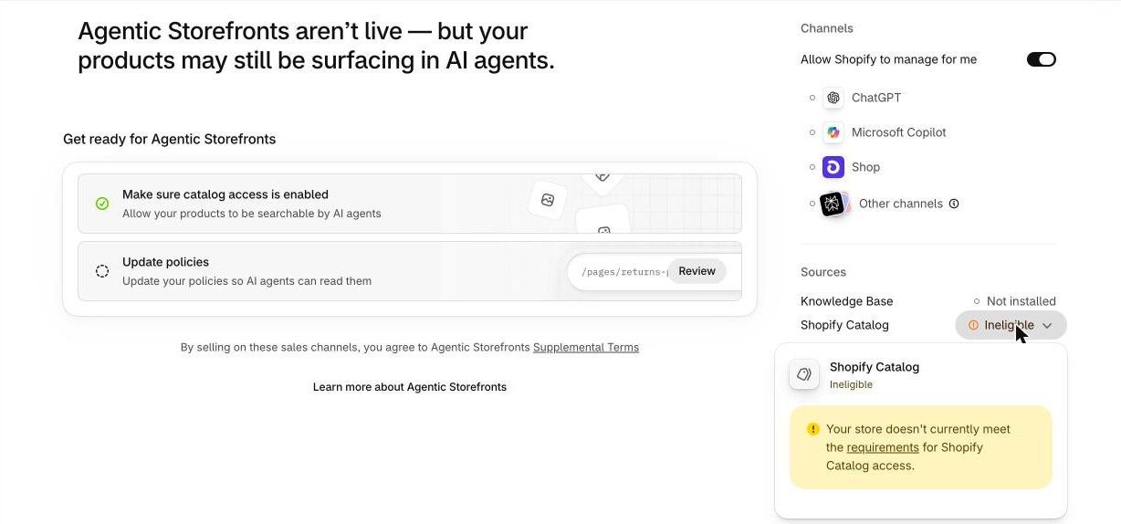 Shopify admin Agentic page in a development store: the heading reads Agentic Storefronts aren't live, the Update policies step is still open, Knowledge Base shows Not installed and Shopify Catalog shows Ineligible with the message that the store doesn't meet the requirements for Shopify Catalog access