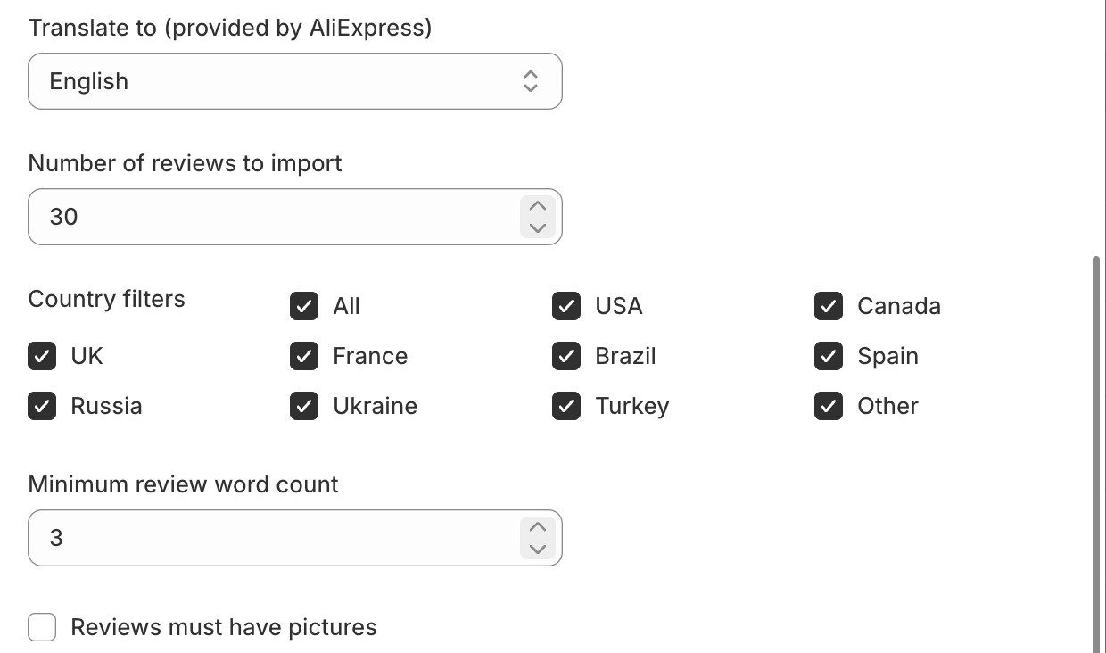 Judge.me import filters: translate to English, 30 reviews, all countries, minimum 3 words, photos not required