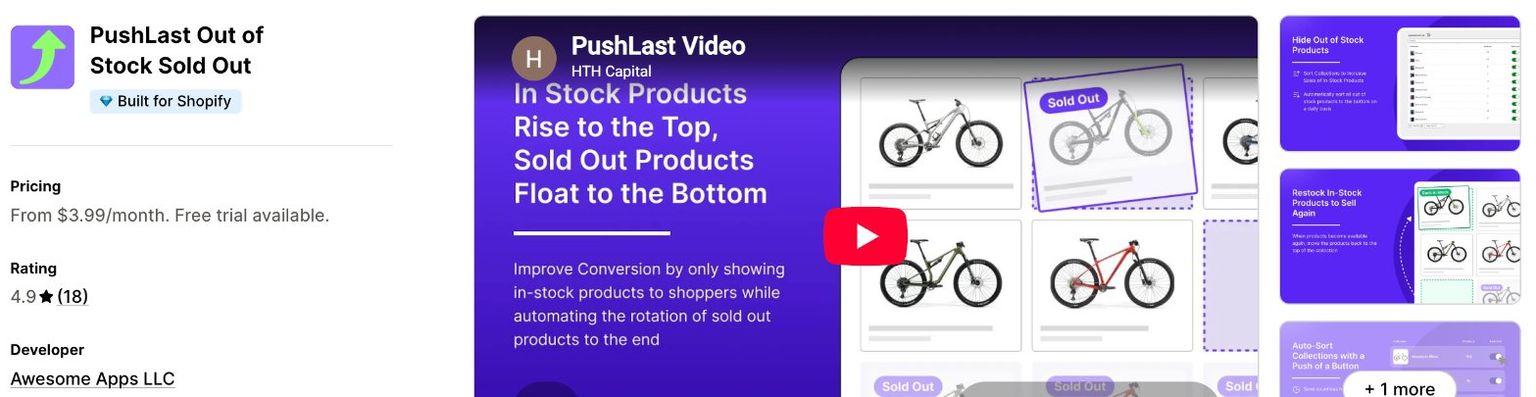 PushLast Out of Stock Sold Out listing on the Shopify App Store, showing the Built for Shopify badge, pricing from $3.99 per month with a free trial, a 4.9 rating from 18 reviews and developer Awesome Apps LLC