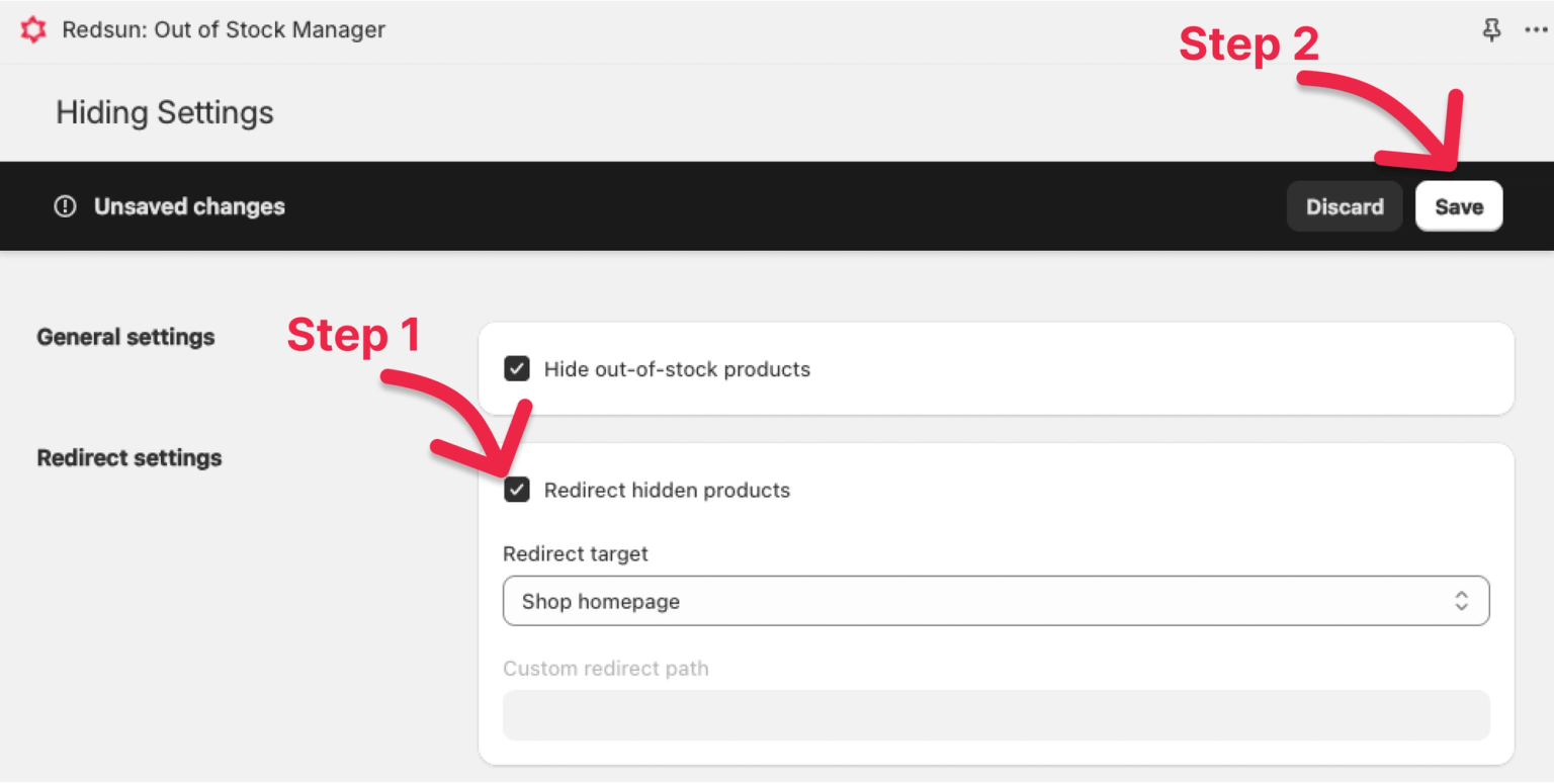 Hiding Settings screen in the app with Hide out-of-stock products and Redirect hidden products checked and a redirect target menu set to Shop homepage