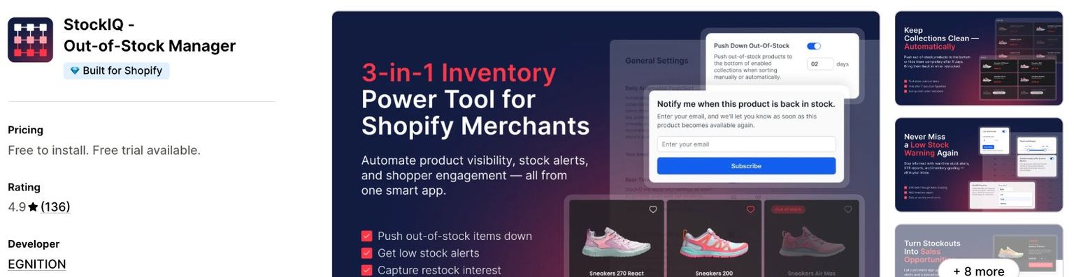 StockIQ Out-of-Stock Manager listing on the Shopify App Store, showing the Built for Shopify badge, free to install with a free trial, a 4.9 rating from 136 reviews and developer EGNITION