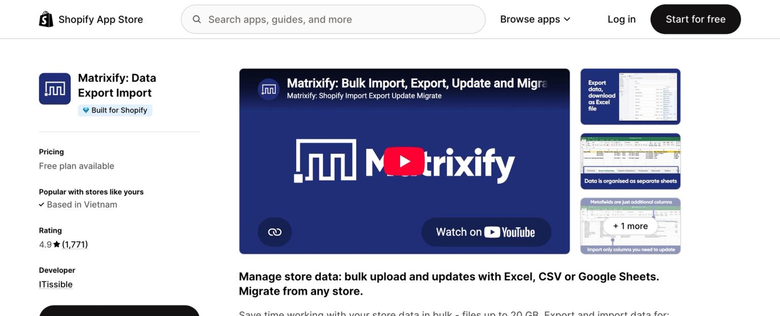 Matrixify: Data Export Import listing on the Shopify App Store, showing the Built for Shopify badge, a free plan, a 4.9-star rating from 1,771 reviews and a tagline about bulk uploads with Excel, CSV or Google Sheets