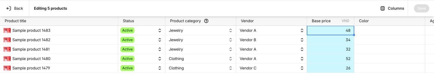 Shopify bulk editor with five Base price cells selected in a column, the first cell outlined as the active cell with a small fill handle at its bottom-right corner