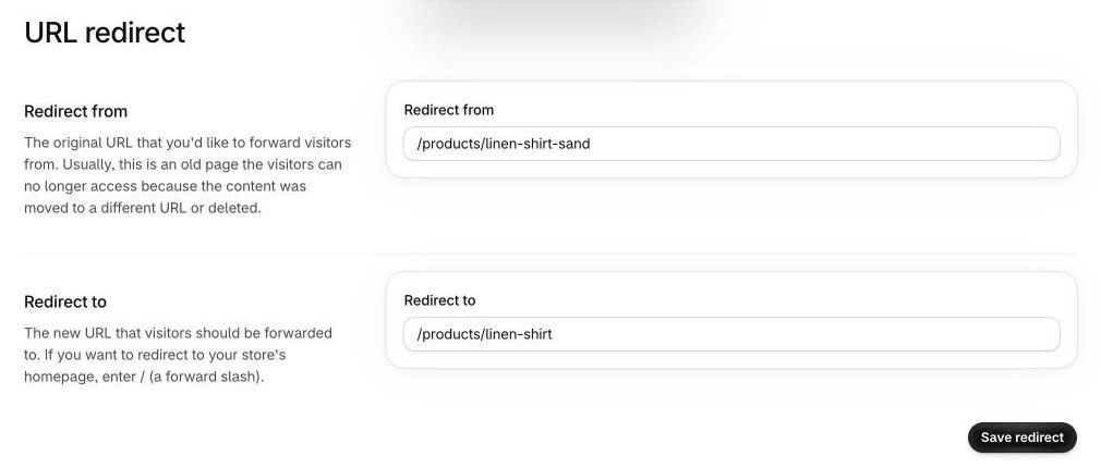 Shopify URL redirect form with Redirect from set to /products/linen-shirt-sand and Redirect to set to /products/linen-shirt