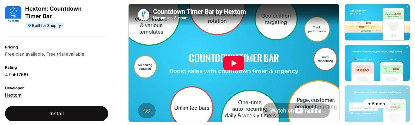 Hextom Countdown Timer Bar on the Shopify App Store, with a free plan, rated 4.9 from 766 reviews