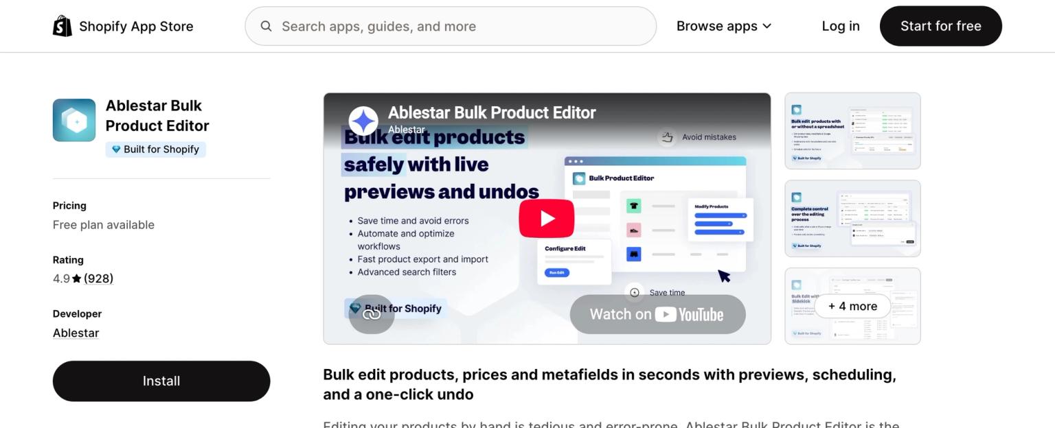 Ablestar Bulk Product Editor listing on the Shopify App Store, showing the Built for Shopify badge, a free plan, a 4.9-star rating from 928 reviews and the tagline about previews, scheduling and one-click undo