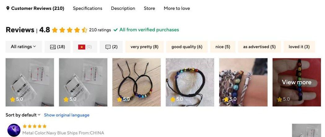 AliExpress reviews for a braided 7 chakra bracelet: 4.8 average from 210 ratings, All from verified purchases, 18 photo reviews