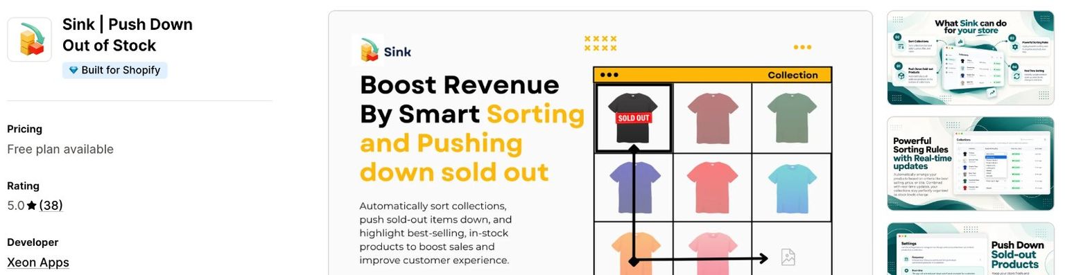 Sink Push Down Out of Stock listing on the Shopify App Store, showing the Built for Shopify badge, a free plan, a 5.0 rating from 38 reviews and developer Xeon Apps