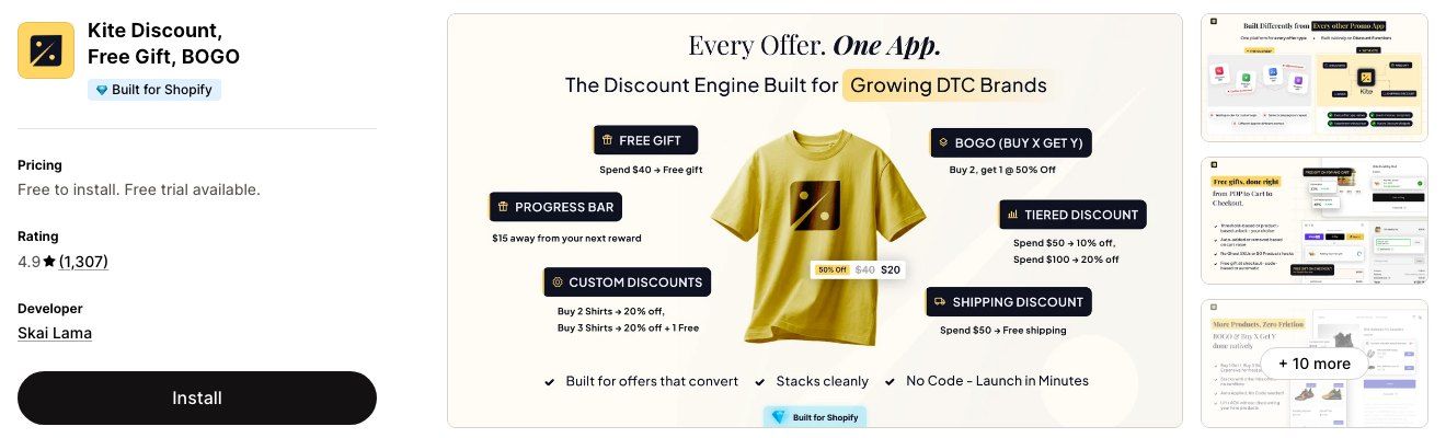 Kite Discount, Free Gift, BOGO on the Shopify App Store, rated 4.9 from 1,307 reviews, with free gift, BOGO and tiered discount offers