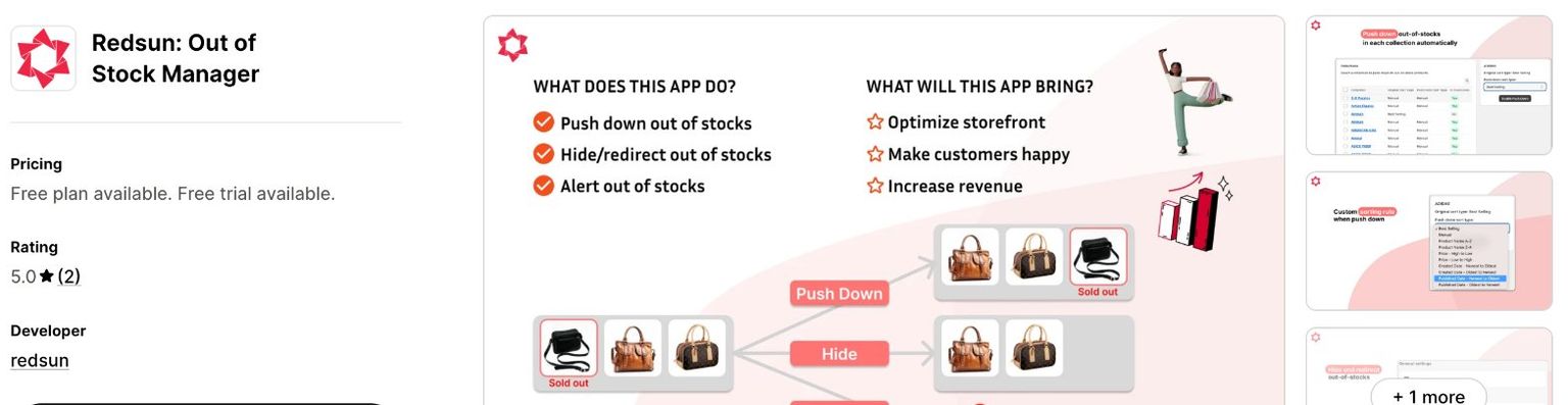 Redsun: Out of Stock Manager listing on the Shopify App Store, showing a free plan and free trial, a 5.0 rating, developer redsun, and a banner for push down, hide and redirect, and alert out of stocks
