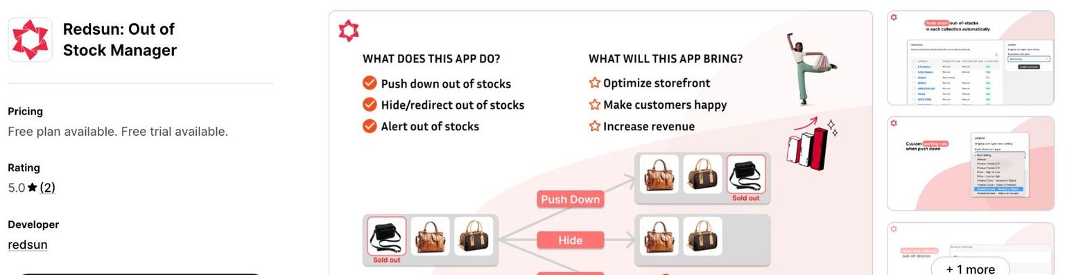 Redsun: Out of Stock Manager listing on the Shopify App Store, showing a free plan and free trial, a 5.0 rating, developer redsun, and a banner for push down, hide and redirect, and alert out of stocks
