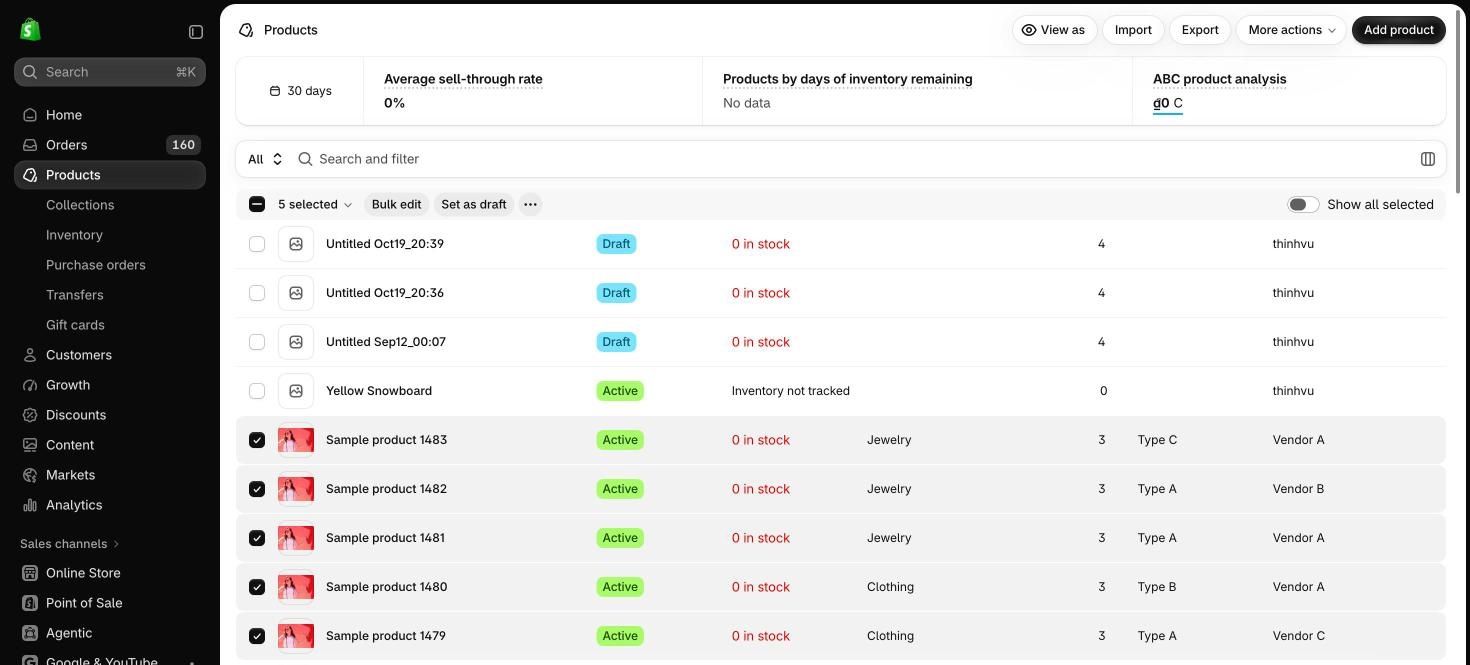 Shopify admin Products list with five sample products selected and a bar above the list showing 5 selected, Bulk edit and Set as draft