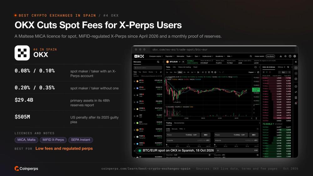 OKX BTC/EUR spot market in Spanish with its EEA spot fees