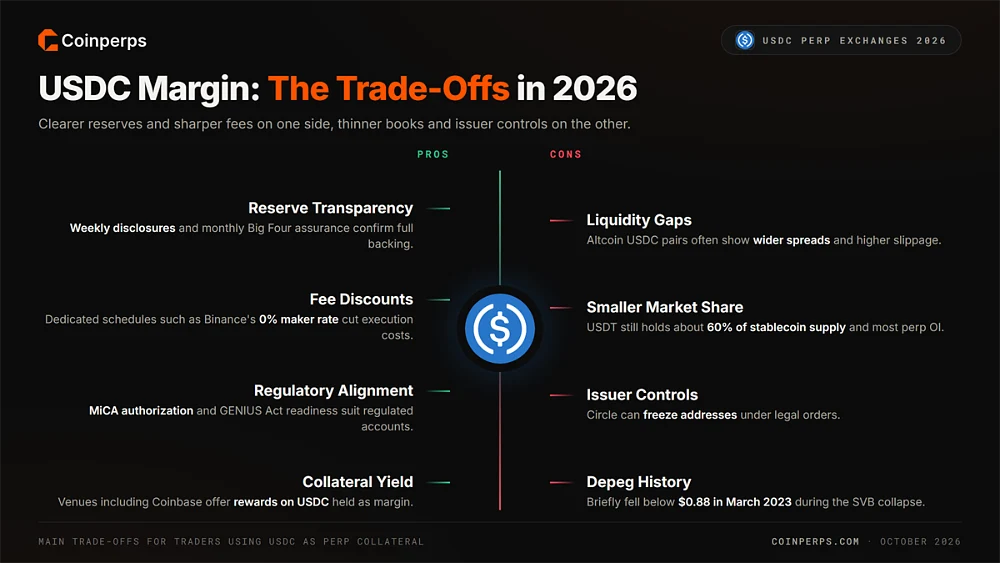 Pros and cons of USDC margin, weighing reserve transparency, fee discounts, regulatory alignment and collateral yield against liquidity gaps, smaller market share, issuer controls and depeg history