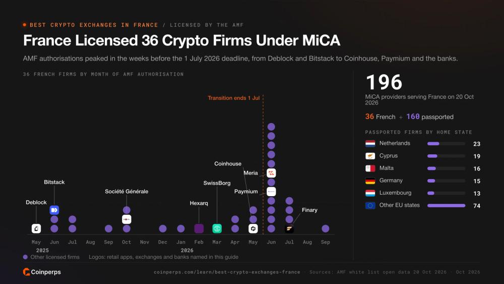 График 36 французских компаний, авторизованных по MiCA по месяцам, с паспортизированными провайдерами по стране регистрации