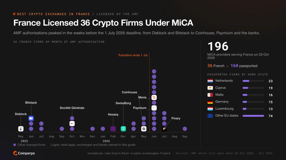 График 36 французских компаний, авторизованных по MiCA по месяцам, с паспортизированными провайдерами по стране регистрации