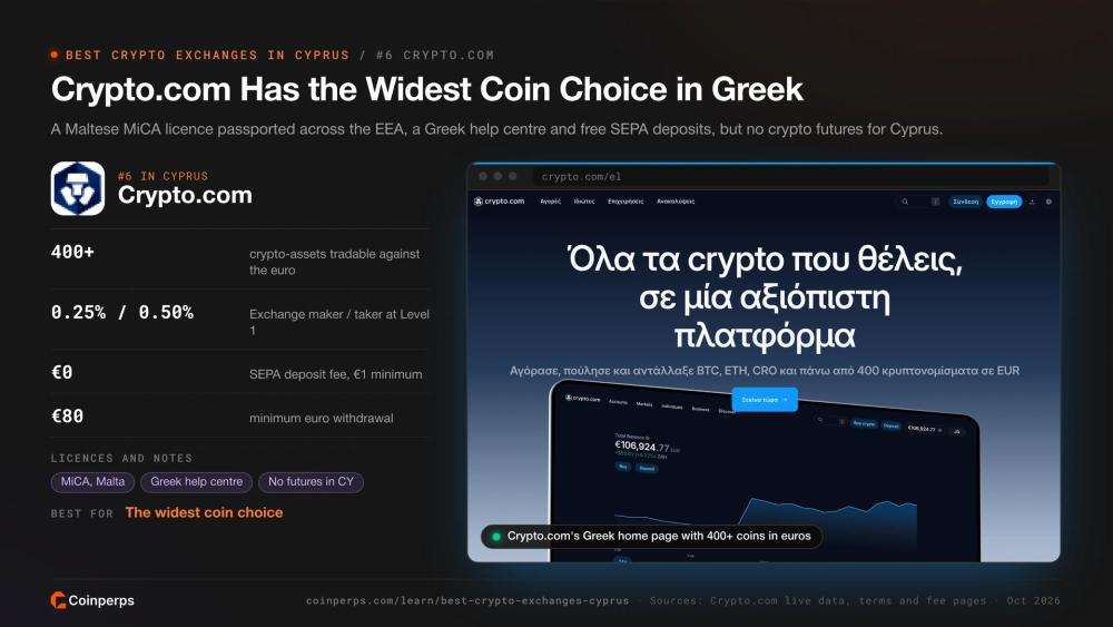 Crypto.com's Greek home page offering more than 400 coins in euros