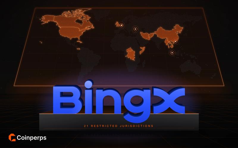 Extruded BingX wordmark on a dark slab reading 21 restricted jurisdictions, in front of a glowing dot-matrix world map with the restricted countries lit in orange