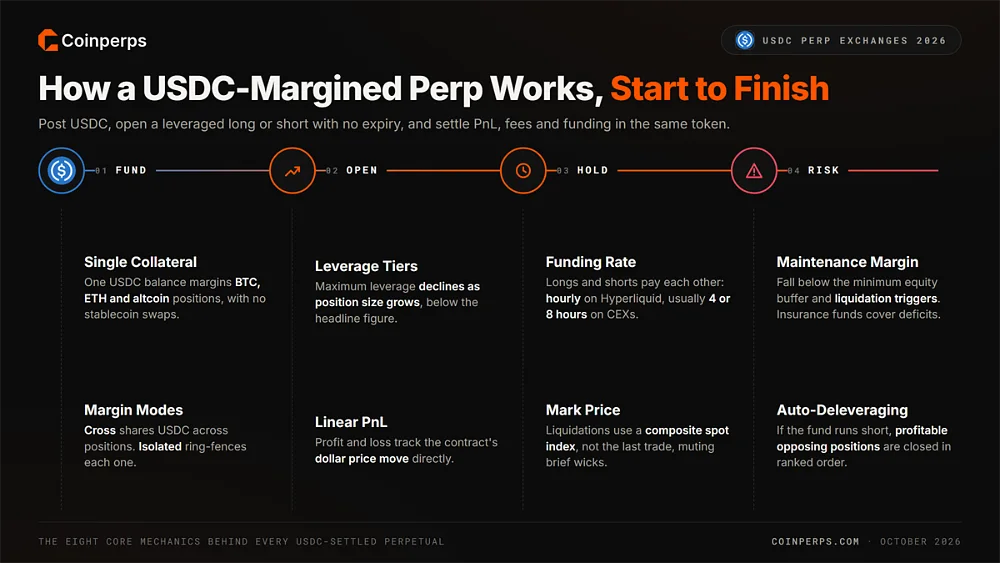 Four-stage lifecycle of a USDC-margined perpetual from funding and opening to holding and risk, covering collateral, leverage tiers, funding rate, mark price, maintenance margin and auto-deleveraging