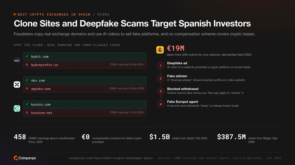 Clone exchange domains flagged by the CNMV and the stages of a deepfake crypto scam