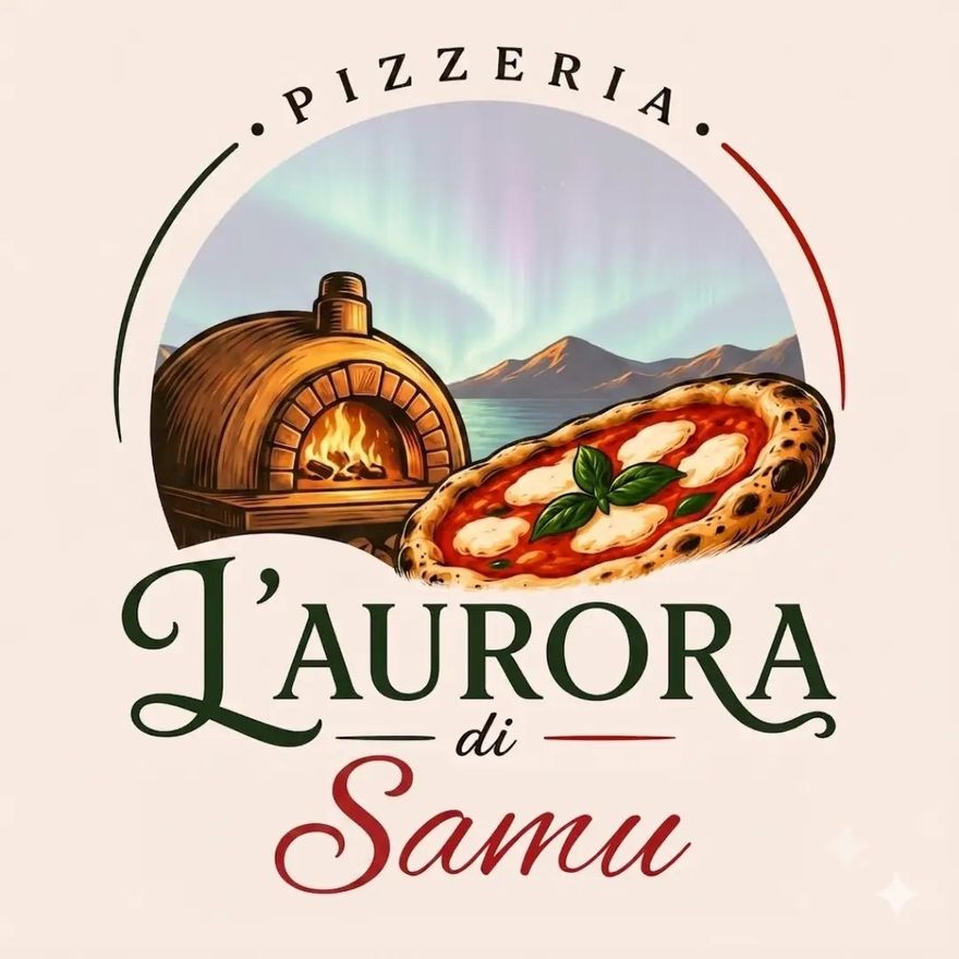 Logo della Pizzeria L'Aurora di Samu: il forno a legna e una margherita sotto l'aurora boreale