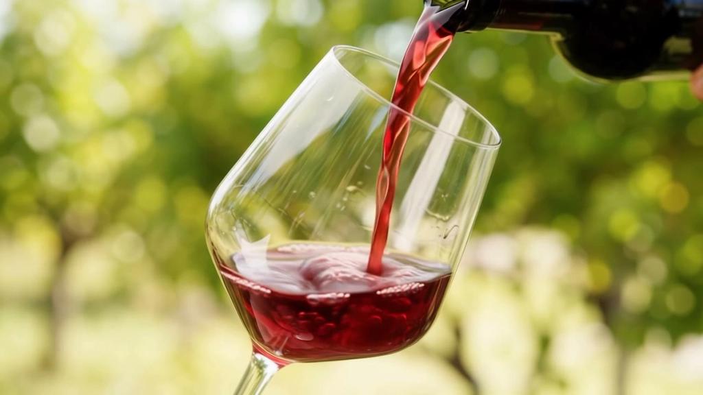 Rött vin hälls i ett glas i trädgården