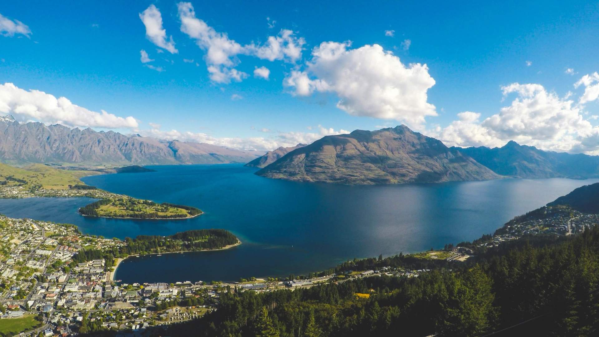 Aerial view of Queenstown, Lake Wakatipu, and The Remarkables mountain range
