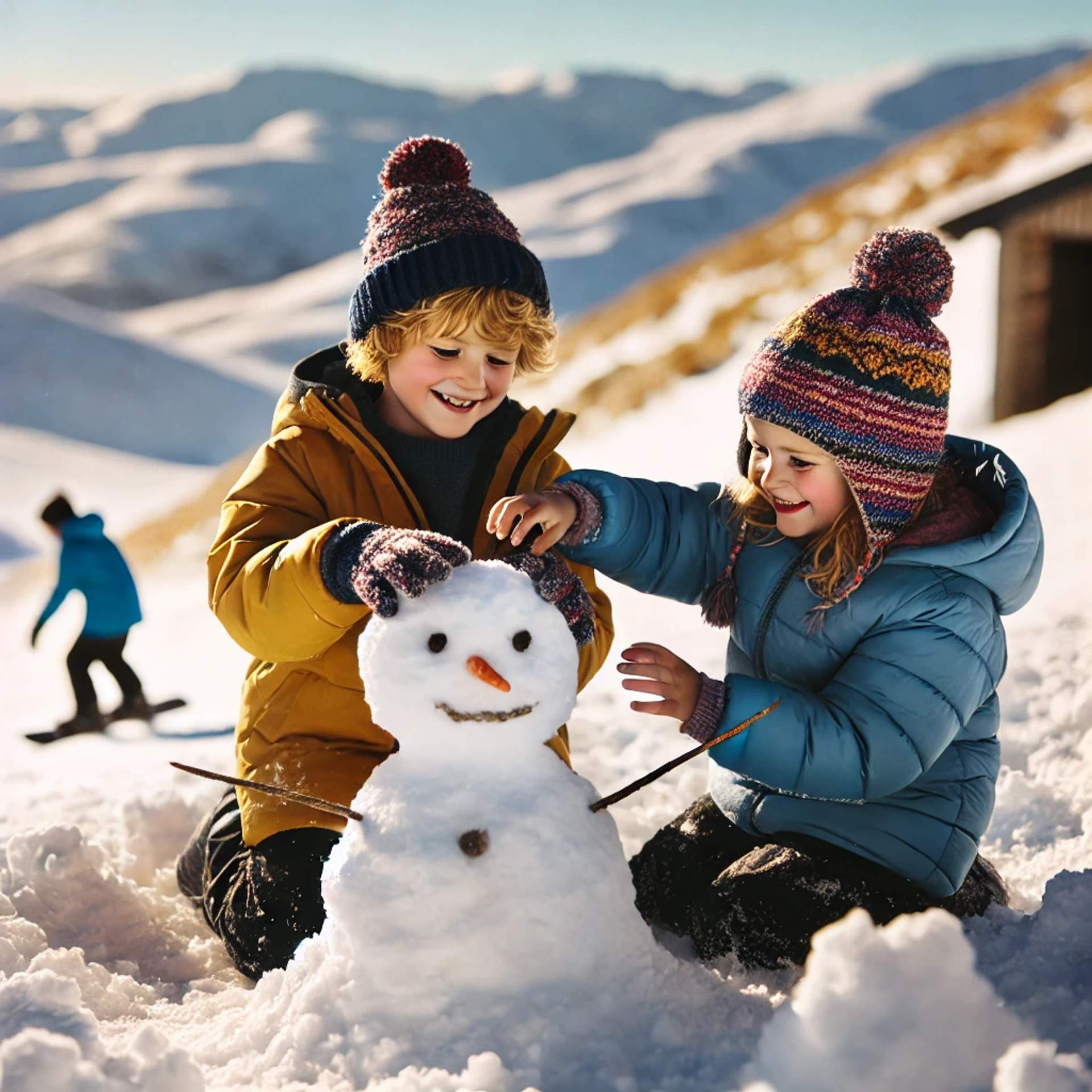 Two children building a snowman at Coronet Peak, Queenstown – perfect family snow experience with Going Blue