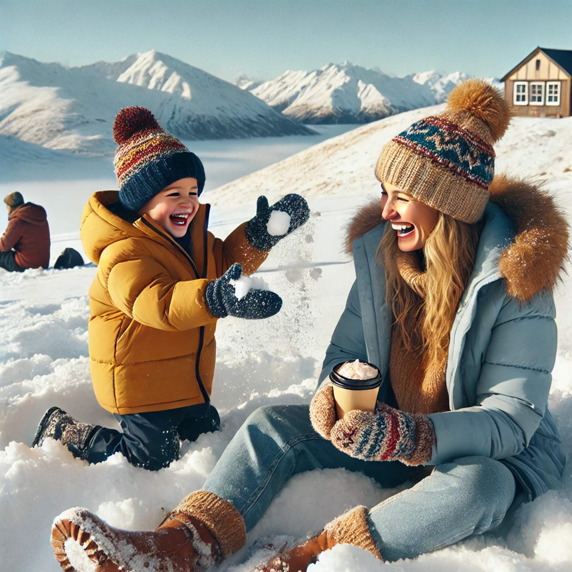 Parent watching kid playing in snow with hot chocolate