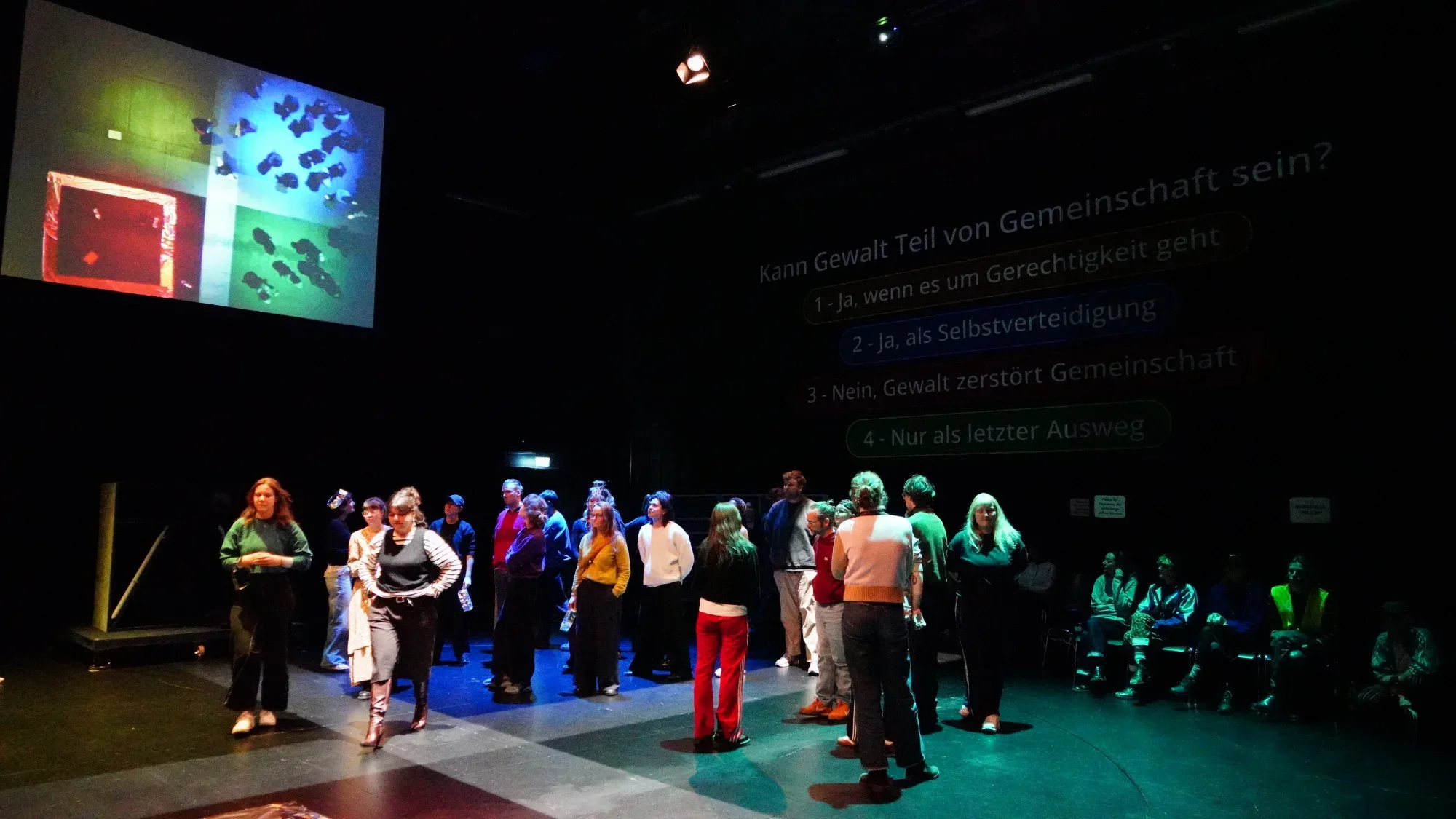 Questions on the screen, the audience on stage.
