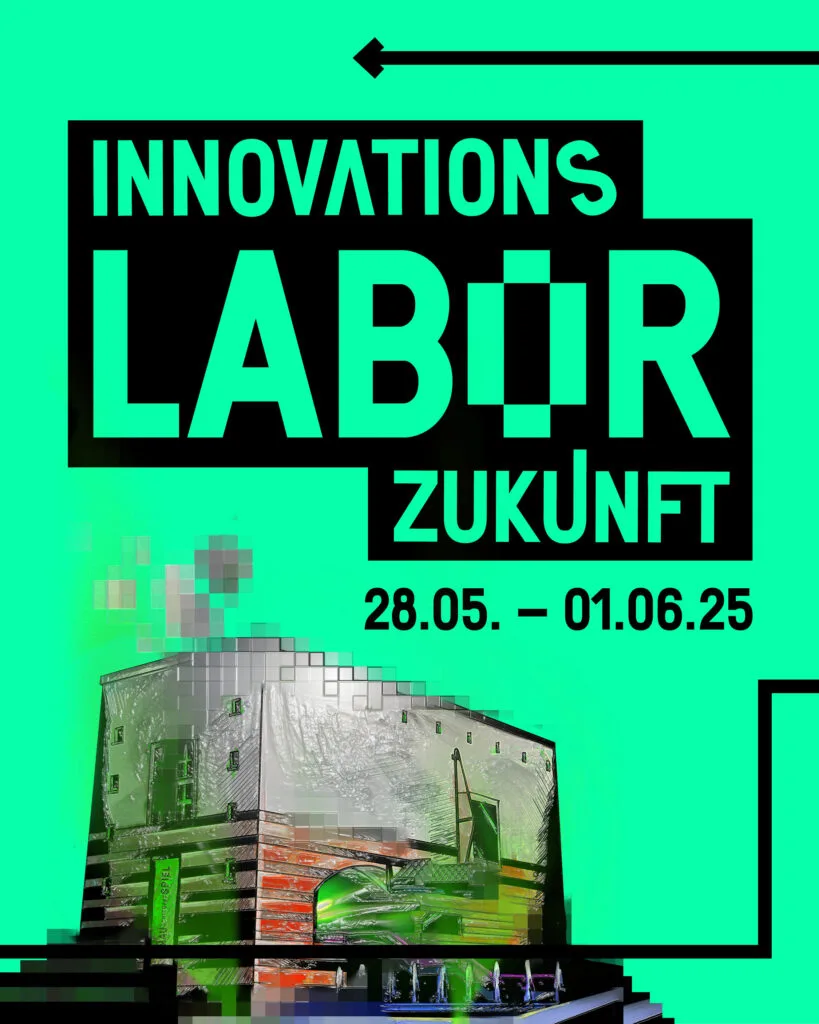 Festival poster: Innovationslabor Zukunft, 28.05.–01.06.25, a pixelated theatre building on bright green.