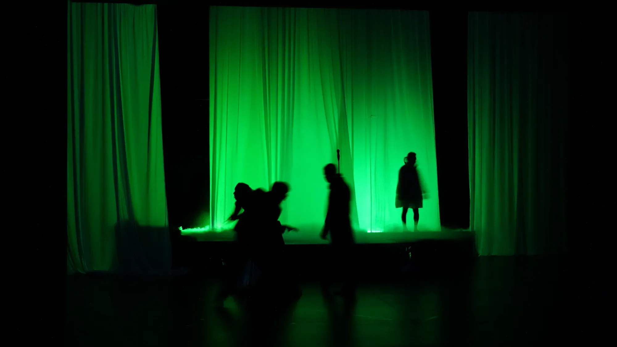 Silhouettes against a green curtain.