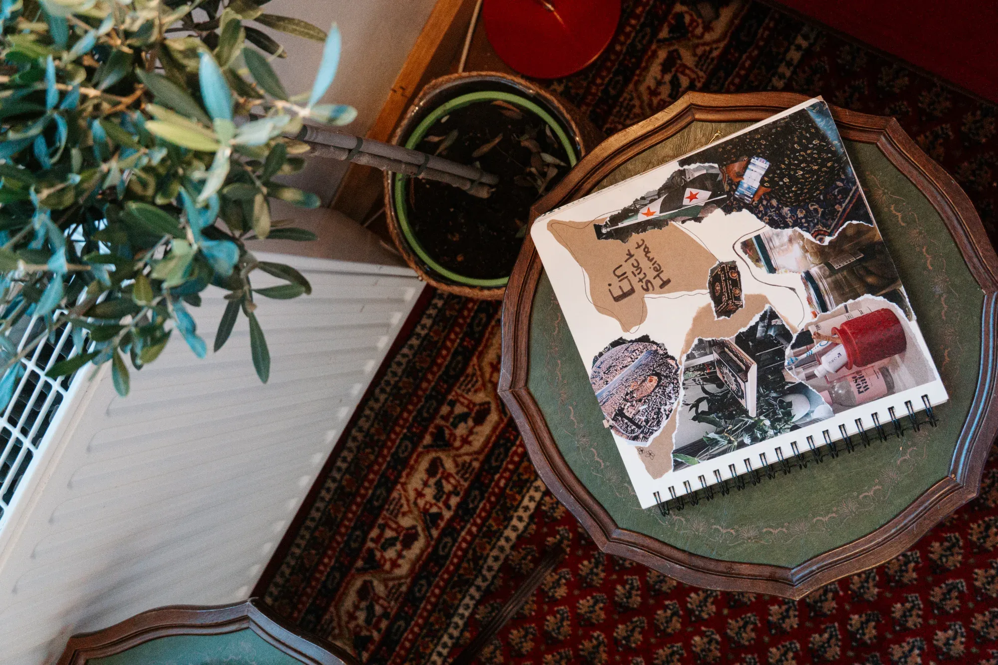 An open collage album displayed on a chair beside a plant.