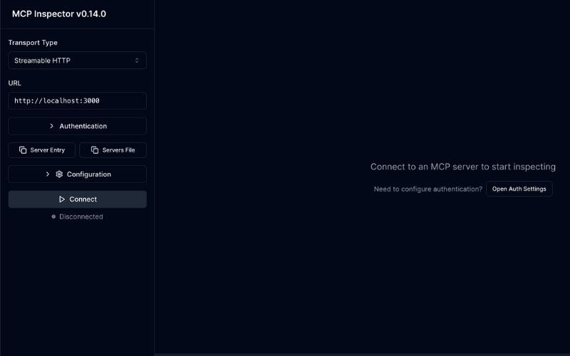 Wygląd interfejsu MCP Inspector dla Streamable HTTP