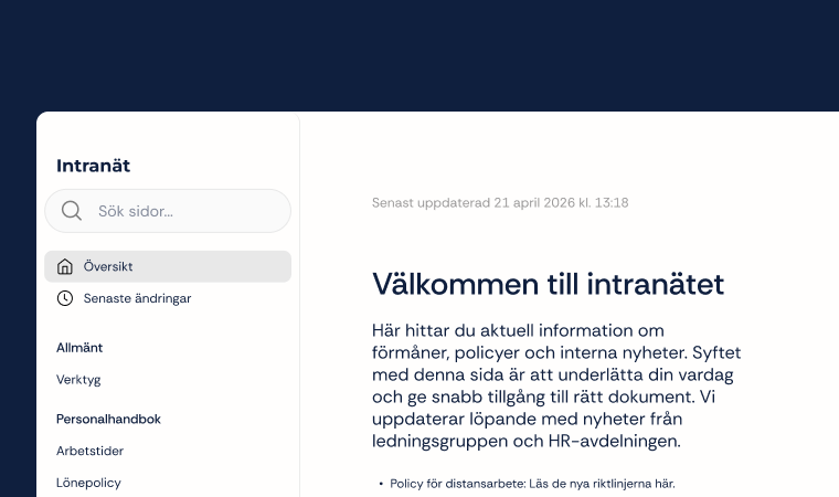 Ett exempel på en översiktsbild från Tydla hur ett intranät kan se ut.