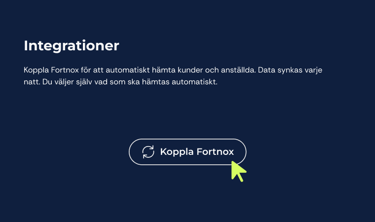 en bild som visar hur du med ett enkelt knapp-tryck kan koppla fortnox till Tydla