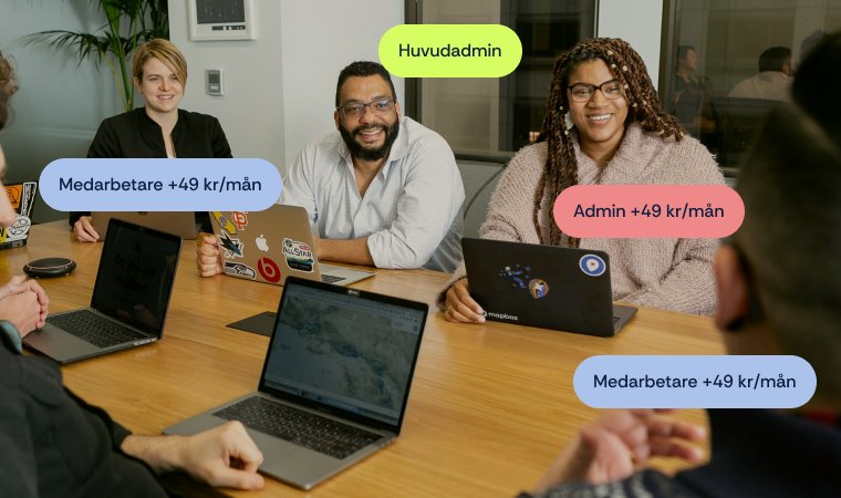 Fyra kollegor runt ett mötesbord med etiketter som visar rollerna huvudadmin, admin och medarbetare och kostnaden 49 kr per månad.