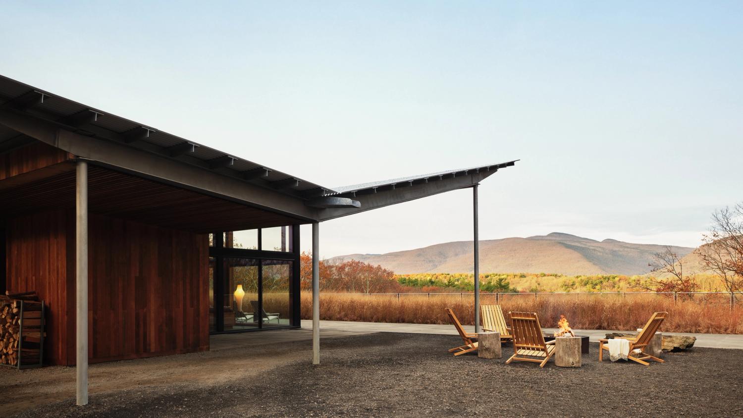 Modernist luxury cabins in the woods in upstate New York, with spa, restaurant and hiking trails.