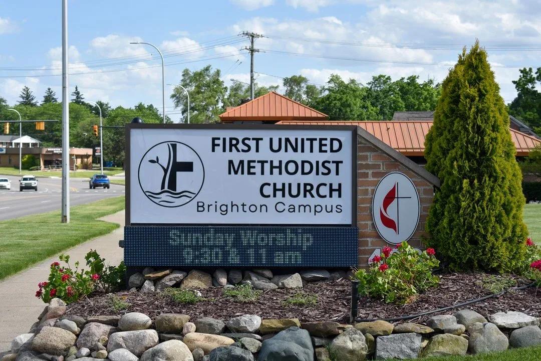 First United Methodist Church monument sign with an electronic message board on a stone base