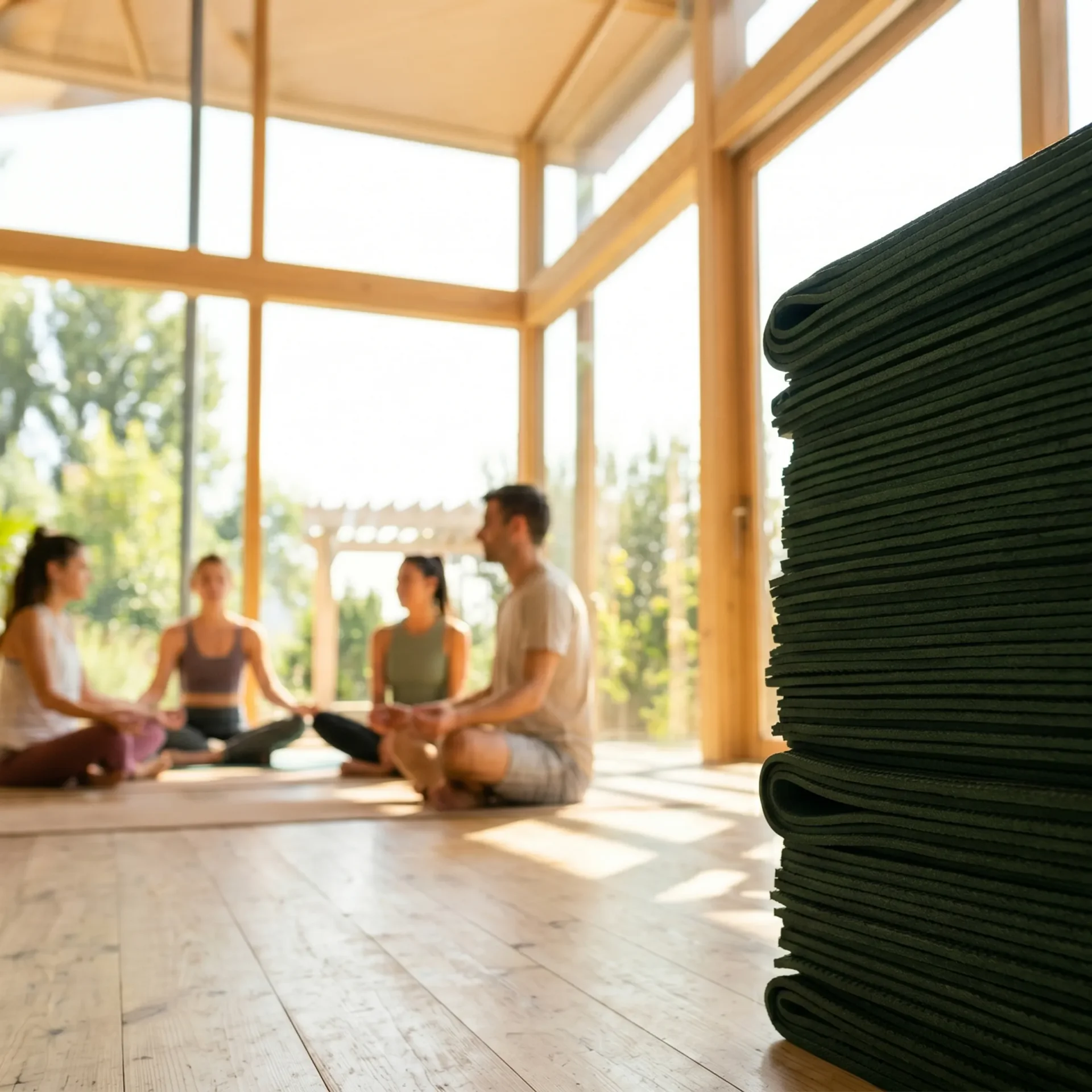 Feltekert jógaszőnyegek egy világos stúdióban, a háttérben meditáló csoporttal.